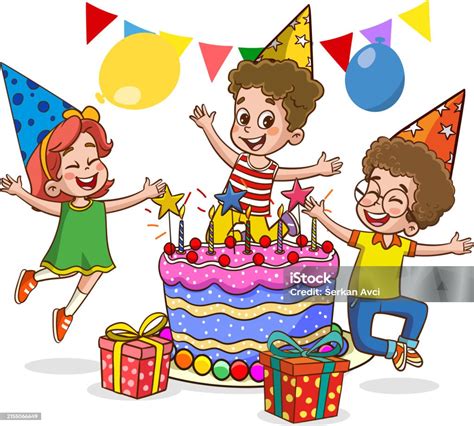 Cute Kids Having Fun At Birthday Party Cartoon Vector Illustration