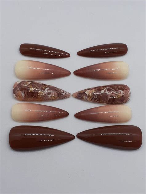 Coffee Mocha Nails Brown Gold Marble Nude Fall Winter Autumn Press On Nails EBay