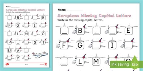 FREE Aeroplane Missing Capital Letters Worksheet Twinkl