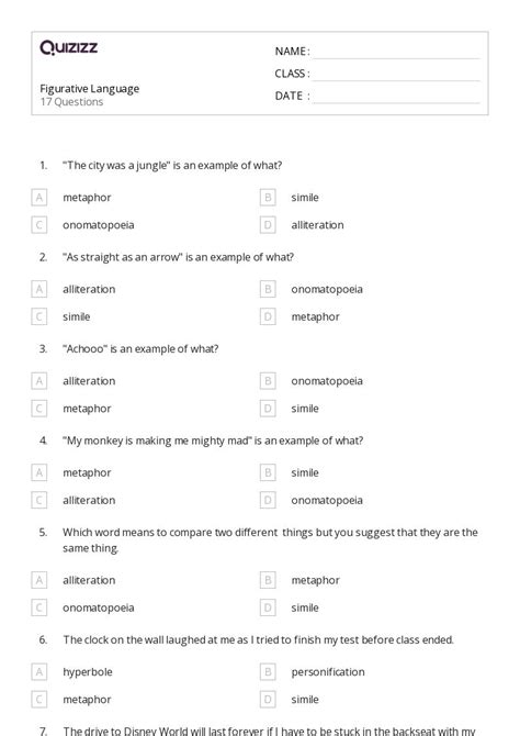 50 Figurative Language Worksheets On Quizizz Free And Printable