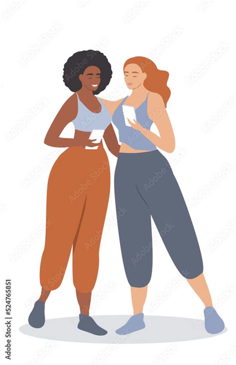 Vector Illustration In Flat Style Two Girls Girlfriends Are