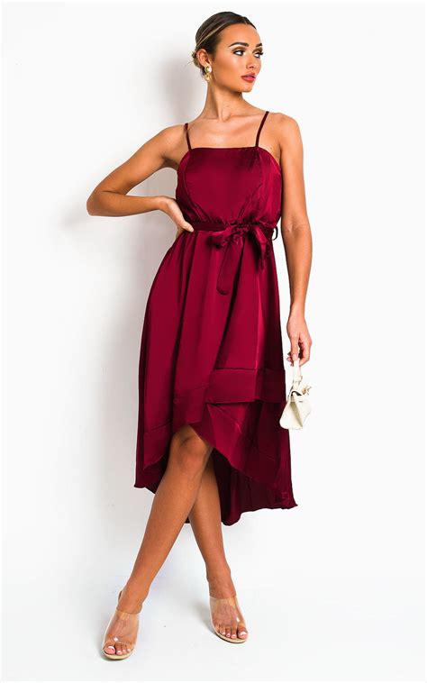 Harlow Satin Frill Midi Dress In Wine Ikrush