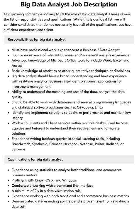 Big Data Analyst Job Description Velvet Jobs