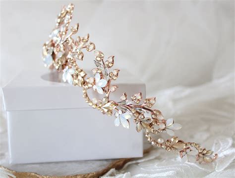 Rose Gold Bridal Leaf Tiara Crown With Swarovski Crystals Treasures