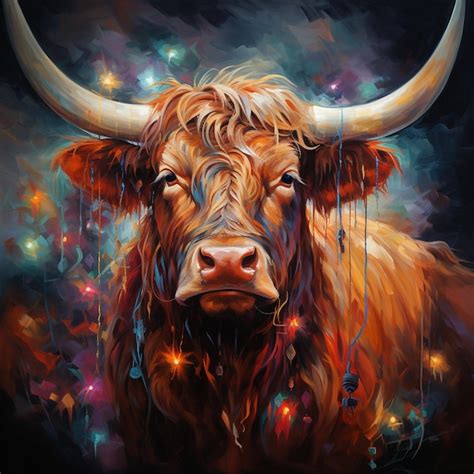 Premium AI Image | painting of a cow with horns and long horns with a ...