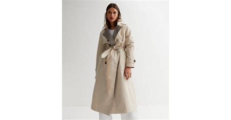 Camel Check Revere Collar Belted Trench Coat New Look