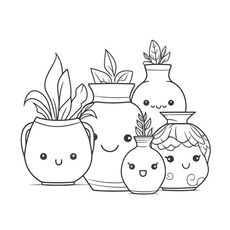 Kawaii Pots Vases And Kawaii Planters Coloring Page Outline Sketch