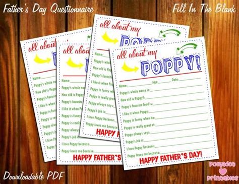 All About My Poppy Fathers Day Questionnaire Instant Downloadable Pdf