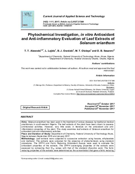 Pdf Phytochemical Investigation In Vitro Antioxidant And Anti