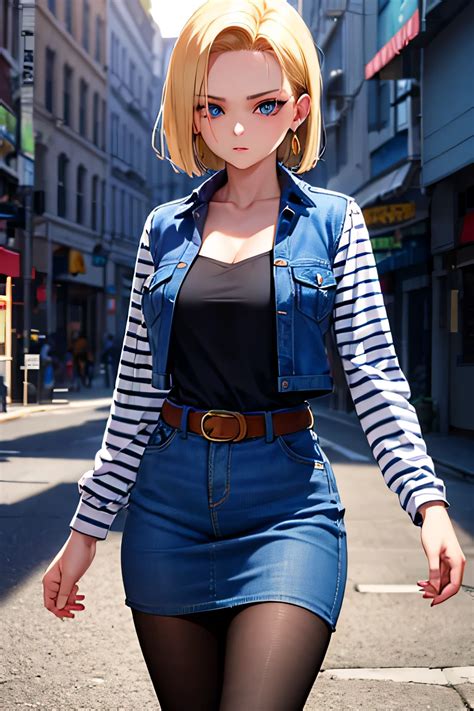 Anime Girl In A Blue Jean Jacket And Skirt Walking Down A Street Seaart Ai