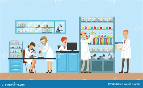 Scientists Conducting Research In A Lab Interior Of Science Laboratory Vector Illustration