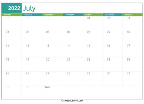 Editable Calendar July 2022