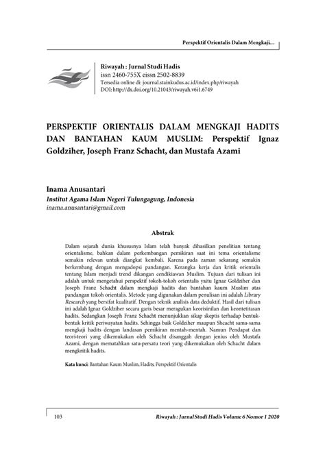 Pdf Perspektif Orientalis Dalam Mengkaji Hadits Dan Bantahan Kaum