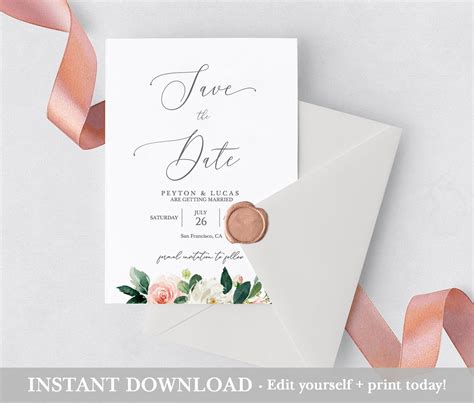 Save The Date Template Blush Floral Save The Date Card Etsy