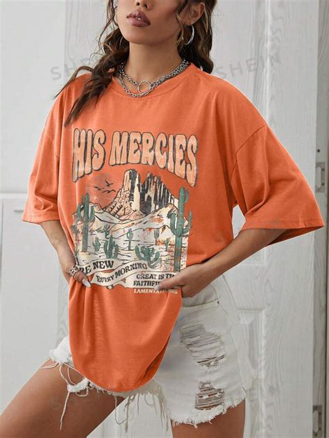 Shein Ezwear Camiseta De Manga Ca Da Con Gr Fico De Cactus Y Letra Sus