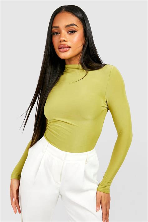 Olive Double Layer Slinky Funnel Neck Long Sleeve Top Boohoo Uk