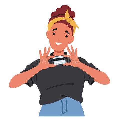 Cheerful Young Woman Holding A Credit Card With Both Hands Cartoon