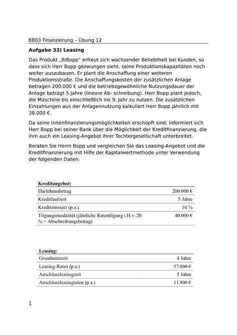 Zusammenfassung Tutorium 12 BB03 Finanzierung Übung 12 Aufgabe 33