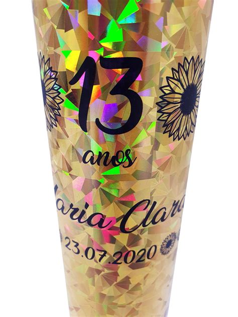 10 Copos Long Drink Holográfico Dourado Aniversário Girassol