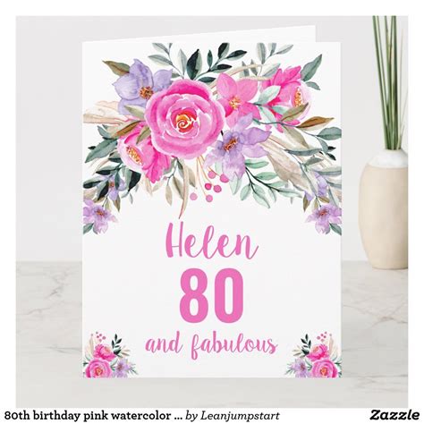 80th Birthday Pink Watercolor Floral Card Floral Card Pink Floral