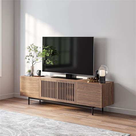 Povison Modern Solid Wood Tv Stand Slatted Media Console Tv Cabinet For 75 80 85