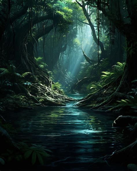 Sunny Forest In Water Drawing Premium Ai Generated Image