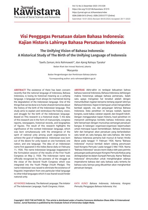 PDF Visi Penggagas Persatuan Dalam Bahasa Indonesia Kajian Historis