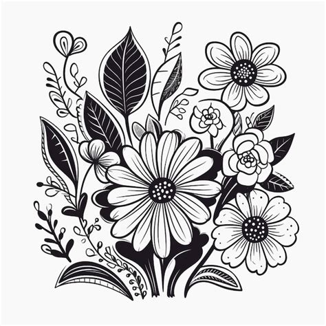 Un Dibujo En Blanco Y Negro De Flores Con Hojas Y Flores Ai Generativo