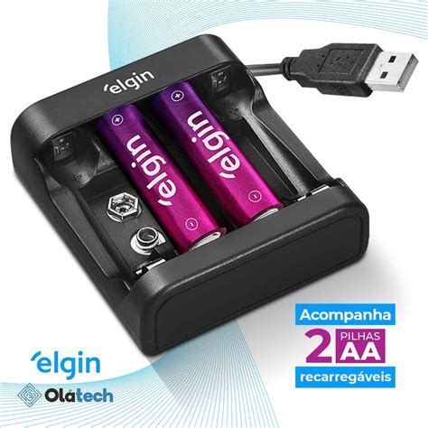 KIT Carregador USB 2 Pilhas AA Pequenas Elgin Compatível