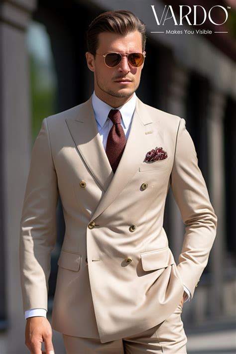 Men S Elegant Beige Double Breasted Suit Premium Men S Wedding Suit