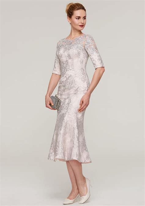 Half Sleeve Bateau Sheath Column Tea Length Lace Mother Of The Bride Dress With Appliqued Mom