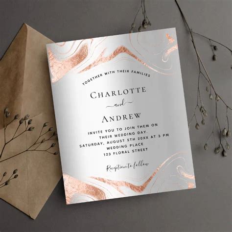 Budget Silver Rose Gold Marble Wedding Invitation Zazzle