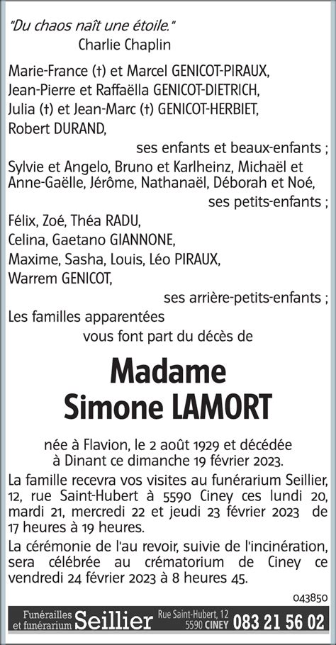 Avis de décès de Simone LAMORT décédé le 19 02 2023 à Dinant annonce