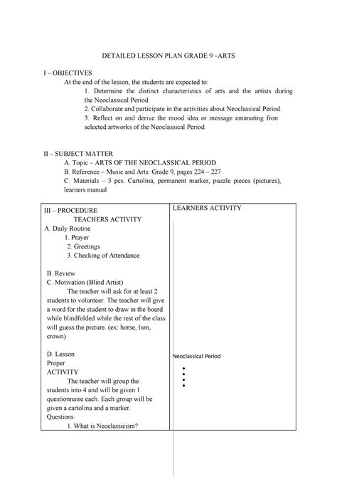 Lesson Plan In Mapeh Grade 9 Arts Detailed Lesson Plan Grade 9 Arts I Objectives At The End