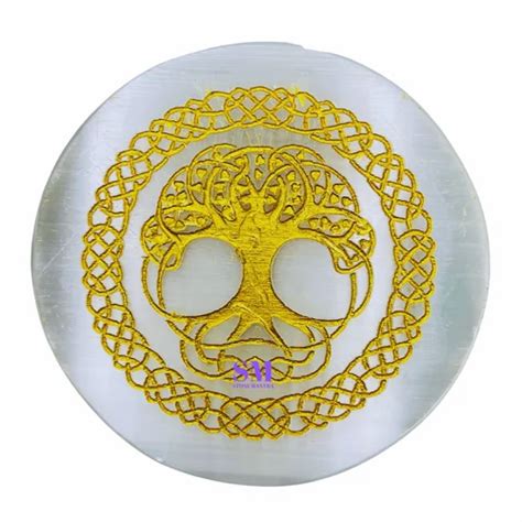 Natural Selenite Charging Plate With Engraved Tree Of Life Symbol