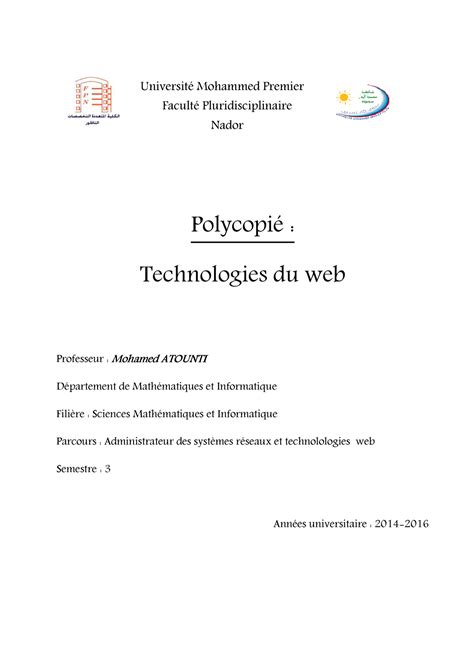 Polycopie Tech Web Polycopié Technologies du web Université