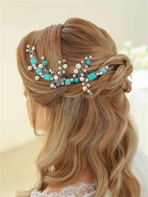 Amazon CASDRE Turquoise Bride Wedding Hair Vine Silver Pearl