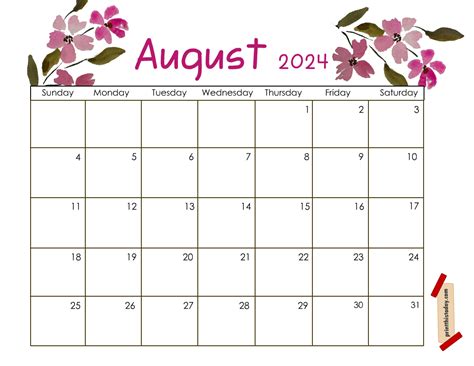 Free Printable August 2024 Monthly Calendar