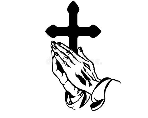 Black and White Illustration of Praying Hands in Front of a Cross Stock ...