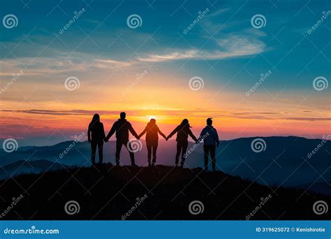 Silhouette of Friends Holding Hands Over Orange Sunset Stock ...