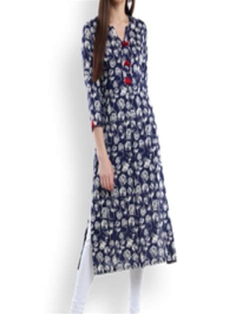 Buy Tissu Women Navy Off White Printed Straight Kurta Kurtas For