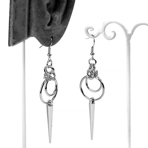 Gothic Chainmail Spike Dangle Earrings Steel