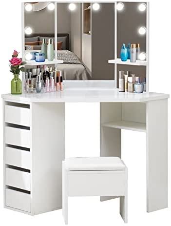 TUKAILAi White Corner Curved Dressing Table Makeup Desk With 5 Drawer 3