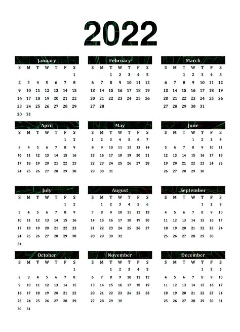 Printable Calendar 2022 Downloadable Template Transparent