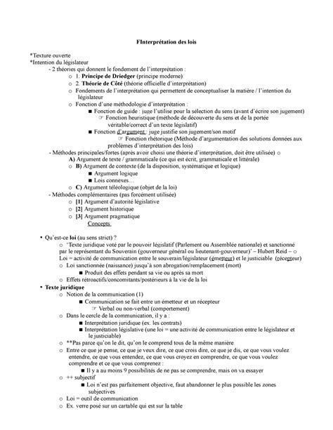 Notes de cours Interprétation des lois Intra FInterprétation des