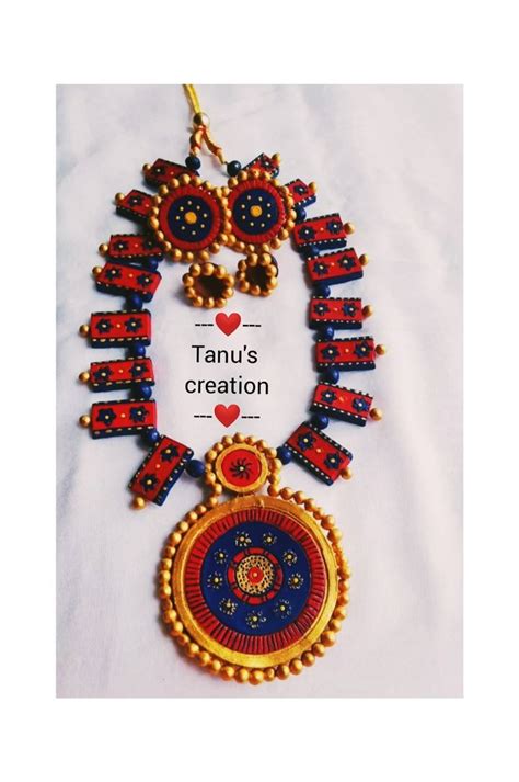 Necklace Set Red Blue Golden Terracotta Jewellery Size Adjustable At