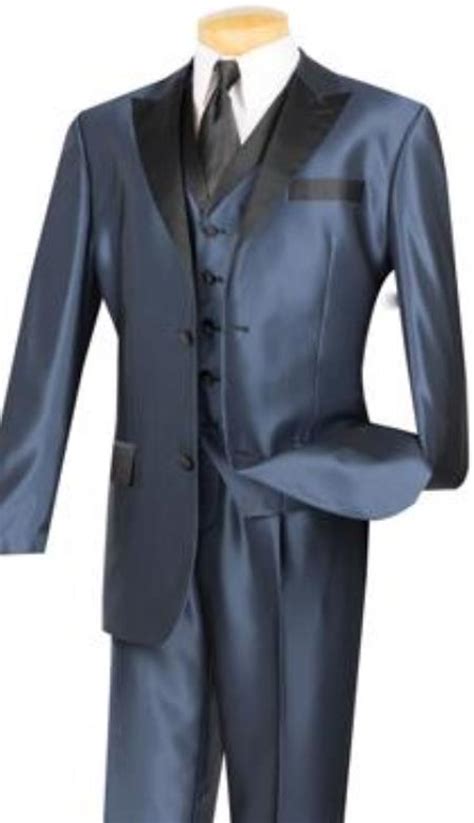 2buttonvested3 Piece Tuxedo Blue With Black Shiny Suit