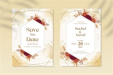 Plantilla de invitación de boda de doble cara con flor amarilla y roja