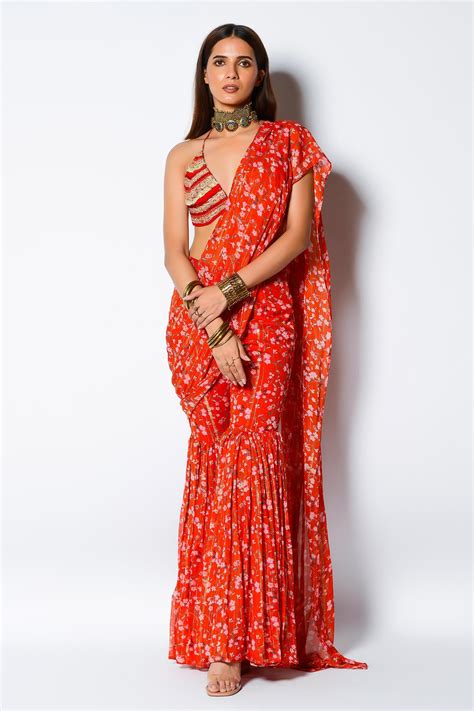 Buy Red Crepe And Georgette Print Embellishment Floral Sharara Saree