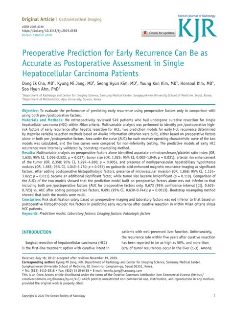 Pdf Preoperative Prediction For Early Recurrence Can Be As Accurate As Postoperative